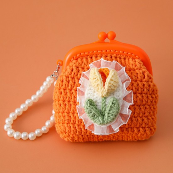 Handmade Pearl Chain Tulip Crochet Coin Bag for Kids Women