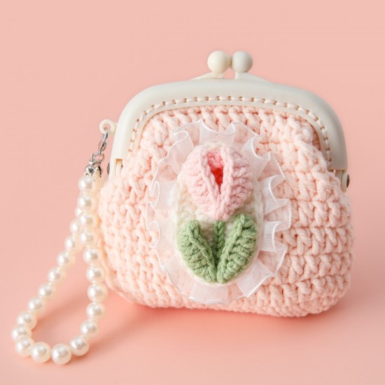 Handmade Pearl Chain Tulip Crochet Coin Bag for Kids Women